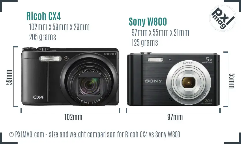 Ricoh CX4 vs Sony W800 size comparison