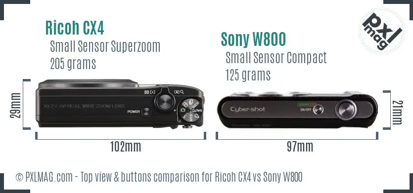 Ricoh CX4 vs Sony W800 top view buttons comparison