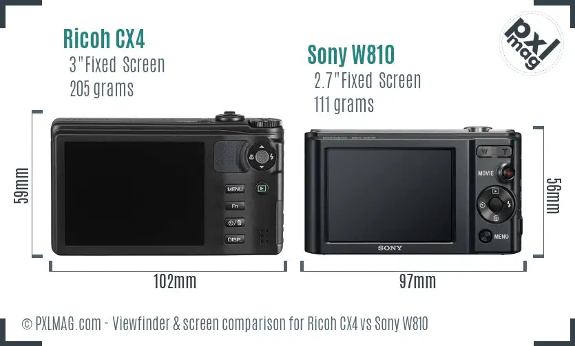 Ricoh CX4 vs Sony W810 Screen and Viewfinder comparison