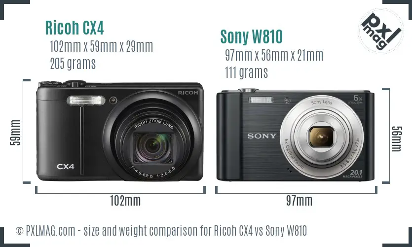 Ricoh CX4 vs Sony W810 size comparison