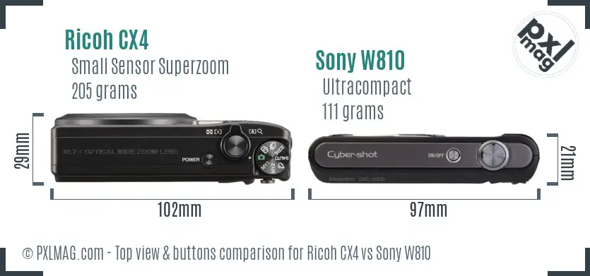 Ricoh CX4 vs Sony W810 top view buttons comparison