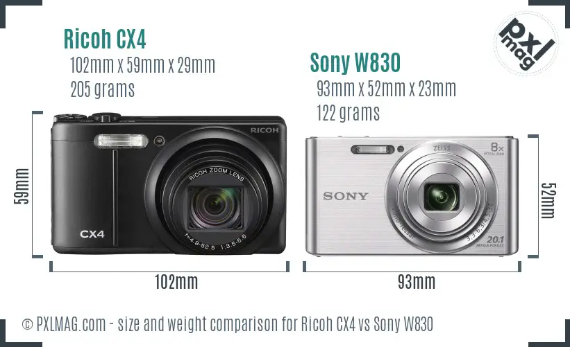 Ricoh CX4 vs Sony W830 size comparison