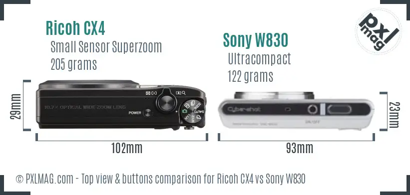 Ricoh CX4 vs Sony W830 top view buttons comparison