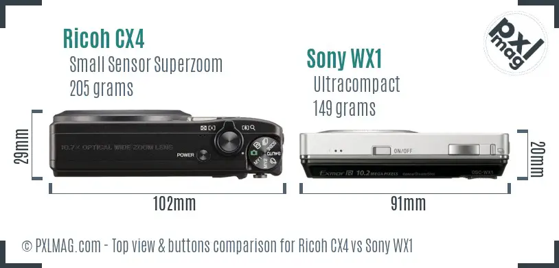 Ricoh CX4 vs Sony WX1 top view buttons comparison