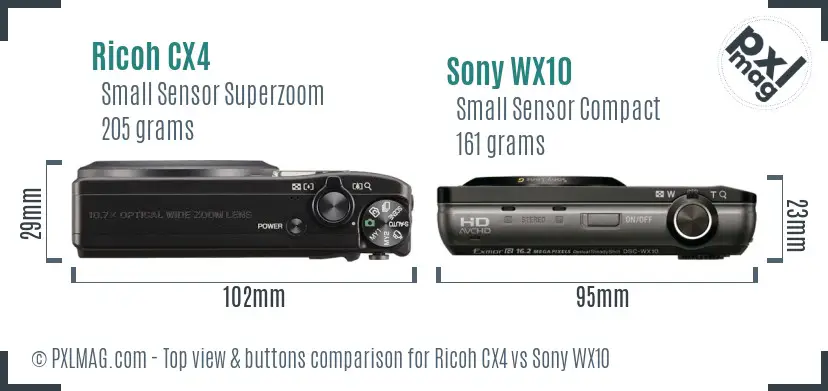 Ricoh CX4 vs Sony WX10 top view buttons comparison