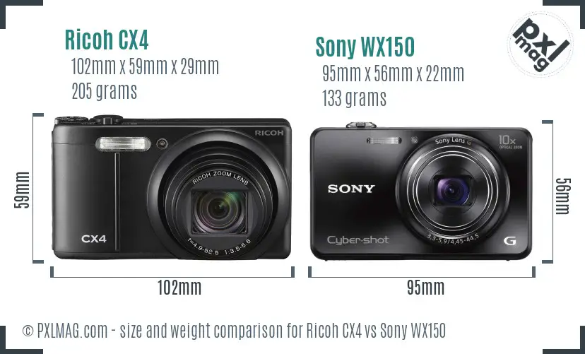 Ricoh CX4 vs Sony WX150 size comparison