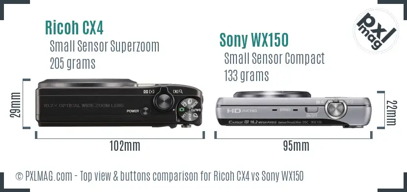 Ricoh CX4 vs Sony WX150 top view buttons comparison