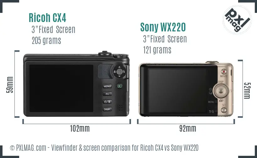 Ricoh CX4 vs Sony WX220 Screen and Viewfinder comparison