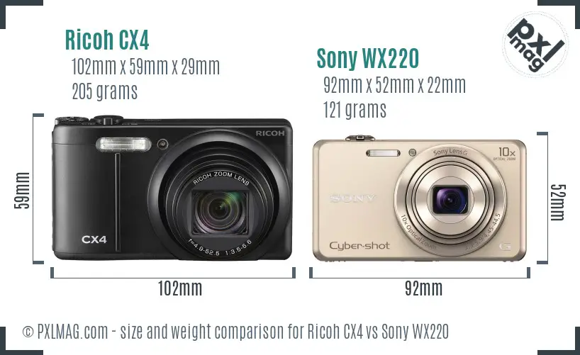 Ricoh CX4 vs Sony WX220 size comparison