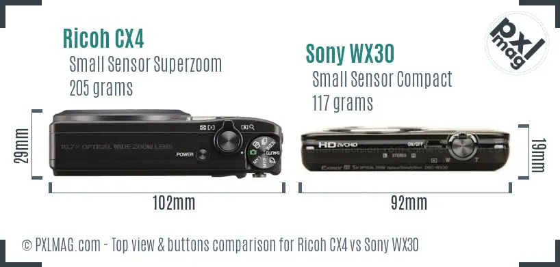 Ricoh CX4 vs Sony WX30 top view buttons comparison