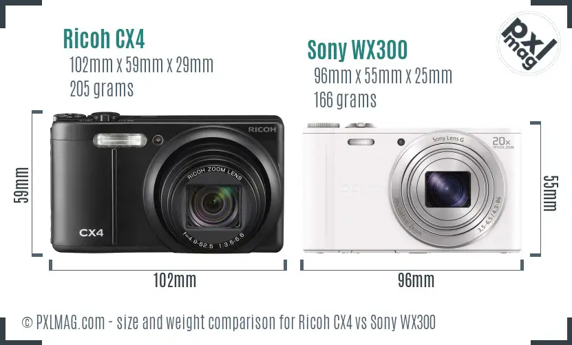 Ricoh CX4 vs Sony WX300 size comparison