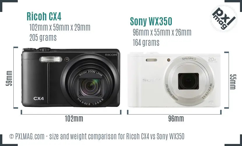 Ricoh CX4 vs Sony WX350 size comparison