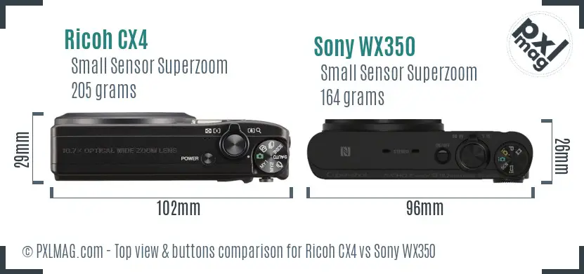 Ricoh CX4 vs Sony WX350 top view buttons comparison