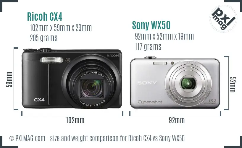 Ricoh CX4 vs Sony WX50 size comparison