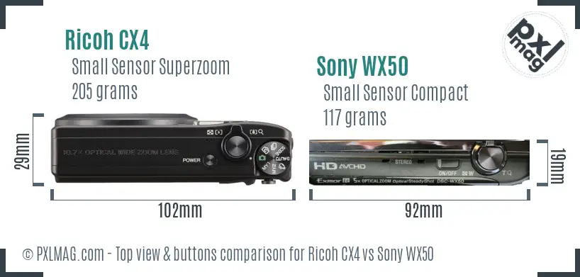 Ricoh CX4 vs Sony WX50 top view buttons comparison