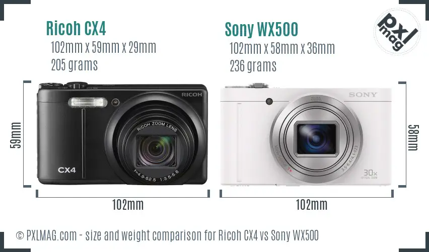Ricoh CX4 vs Sony WX500 size comparison