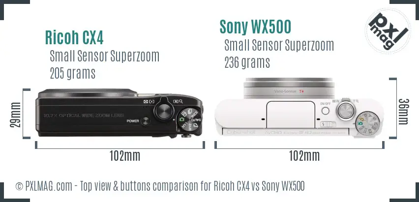 Ricoh CX4 vs Sony WX500 top view buttons comparison