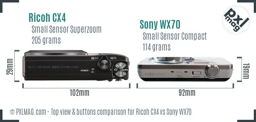 Ricoh CX4 vs Sony WX70 top view buttons comparison