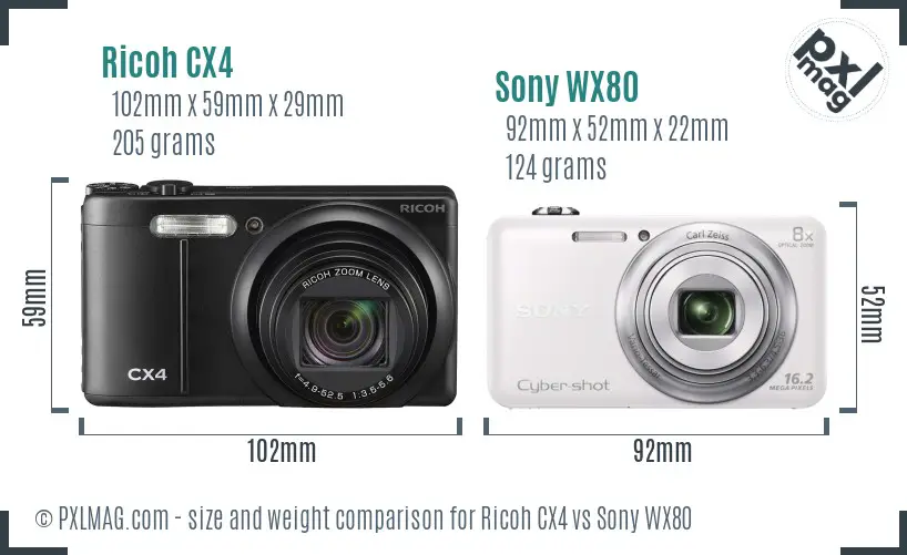 Ricoh CX4 vs Sony WX80 size comparison