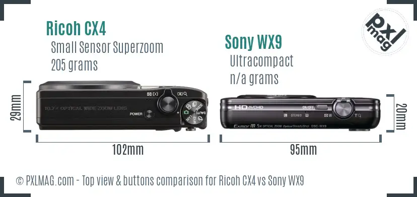 Ricoh CX4 vs Sony WX9 top view buttons comparison