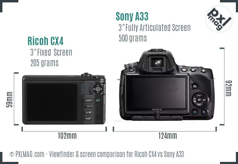 Ricoh CX4 vs Sony A33 Screen and Viewfinder comparison