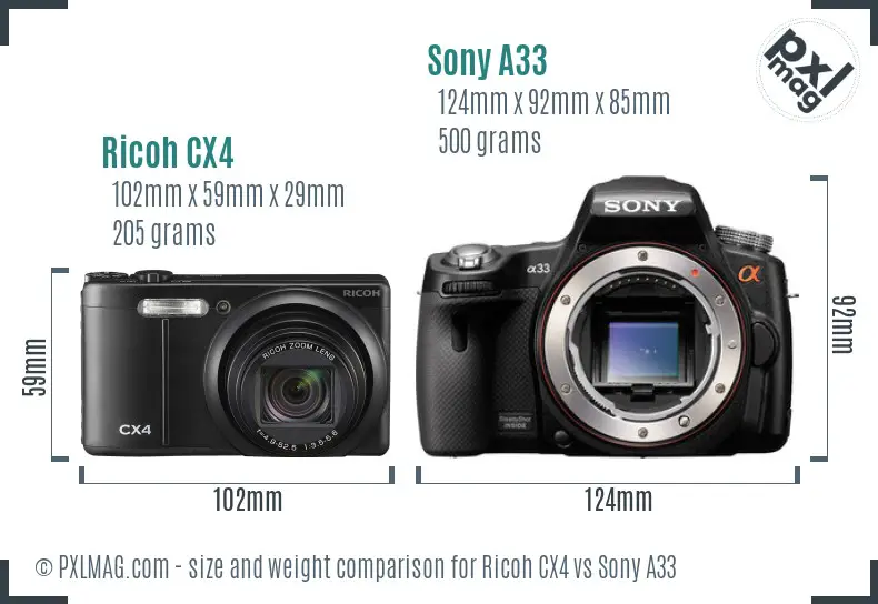 Ricoh CX4 vs Sony A33 size comparison