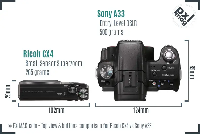 Ricoh CX4 vs Sony A33 top view buttons comparison
