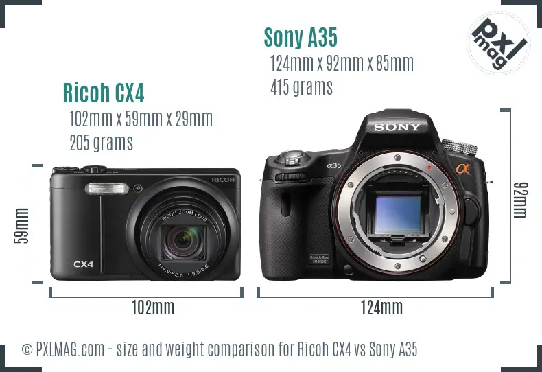 Ricoh CX4 vs Sony A35 size comparison