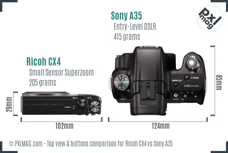 Ricoh CX4 vs Sony A35 top view buttons comparison