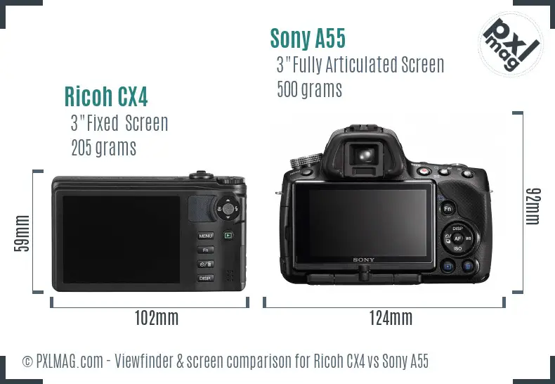 Ricoh CX4 vs Sony A55 Screen and Viewfinder comparison
