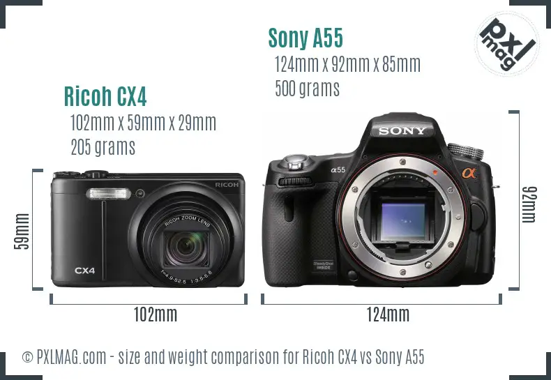 Ricoh CX4 vs Sony A55 size comparison