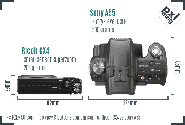 Ricoh CX4 vs Sony A55 top view buttons comparison