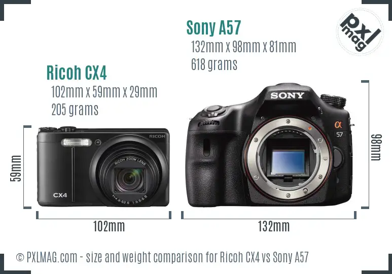 Ricoh CX4 vs Sony A57 size comparison