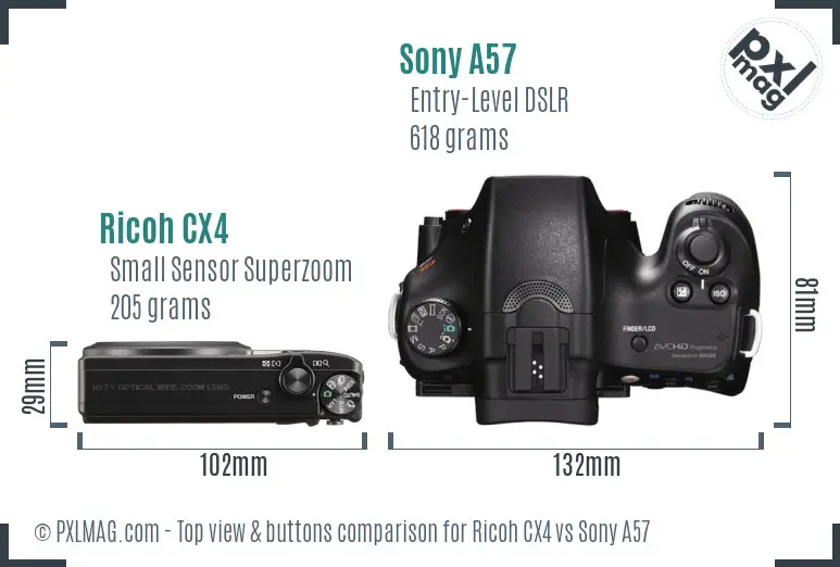 Ricoh CX4 vs Sony A57 top view buttons comparison