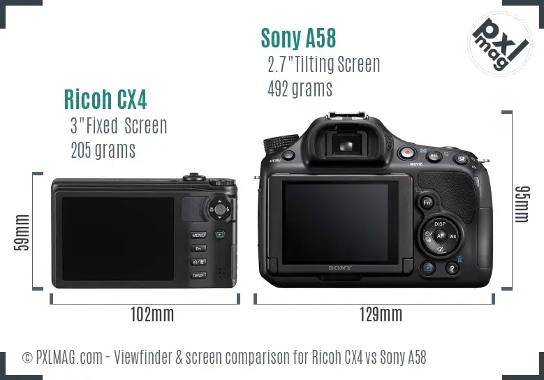 Ricoh CX4 vs Sony A58 Screen and Viewfinder comparison