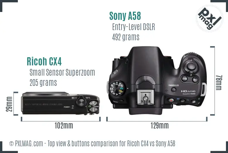 Ricoh CX4 vs Sony A58 top view buttons comparison