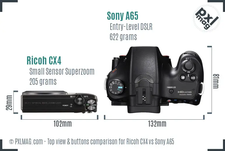 Ricoh CX4 vs Sony A65 top view buttons comparison