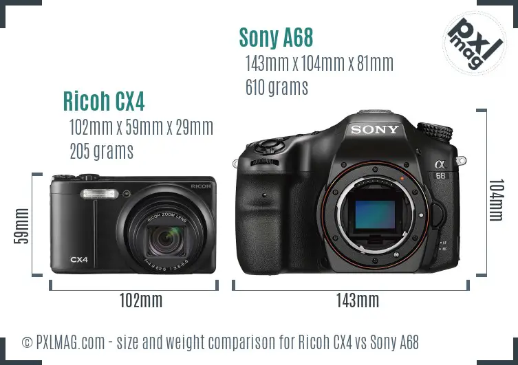 Ricoh CX4 vs Sony A68 size comparison