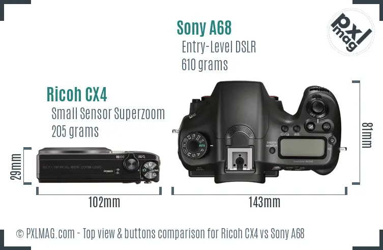 Ricoh CX4 vs Sony A68 top view buttons comparison