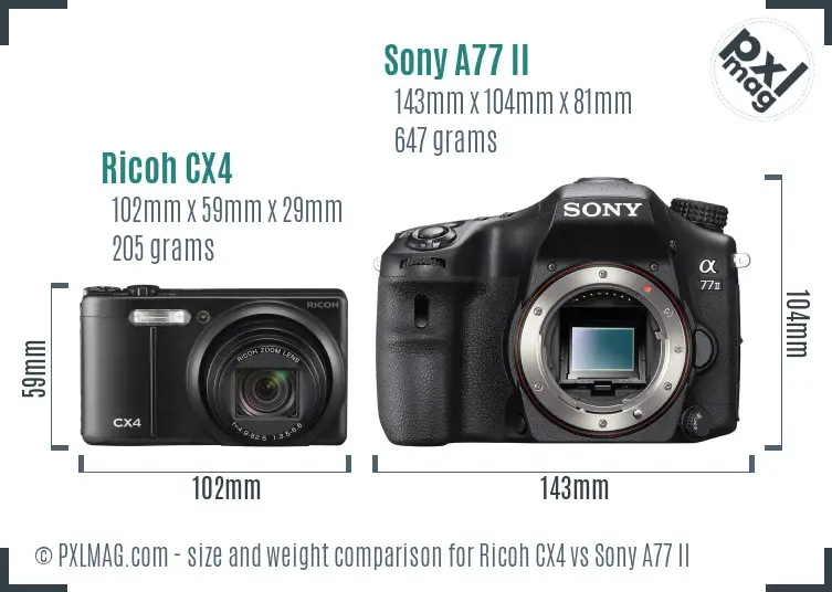 Ricoh CX4 vs Sony A77 II size comparison