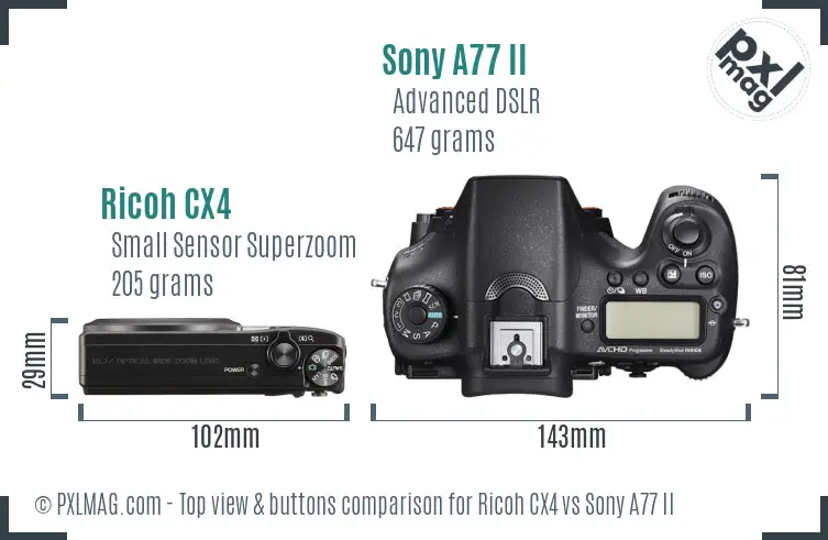 Ricoh CX4 vs Sony A77 II top view buttons comparison