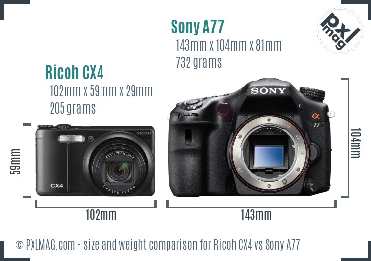 Ricoh CX4 vs Sony A77 size comparison