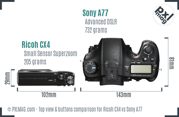 Ricoh CX4 vs Sony A77 top view buttons comparison