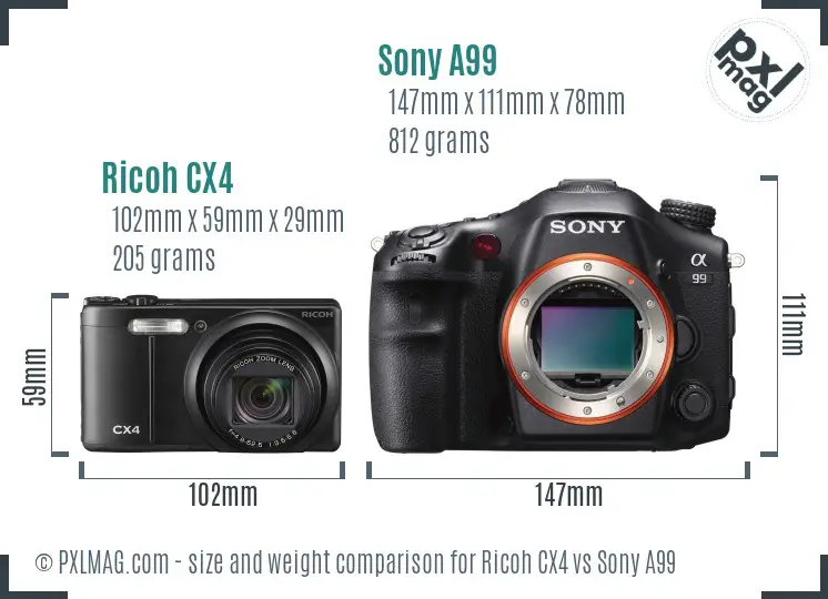 Ricoh CX4 vs Sony A99 size comparison