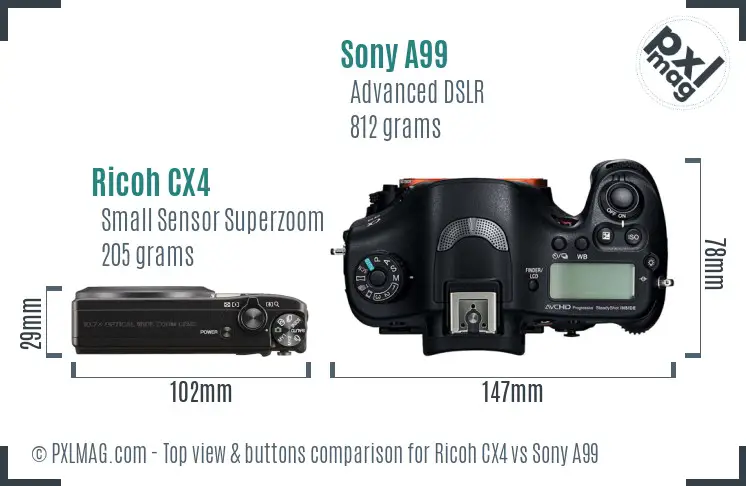 Ricoh CX4 vs Sony A99 top view buttons comparison