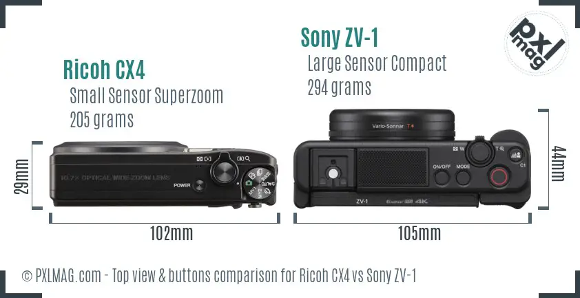Ricoh CX4 vs Sony ZV-1 top view buttons comparison