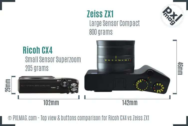 Ricoh CX4 vs Zeiss ZX1 top view buttons comparison