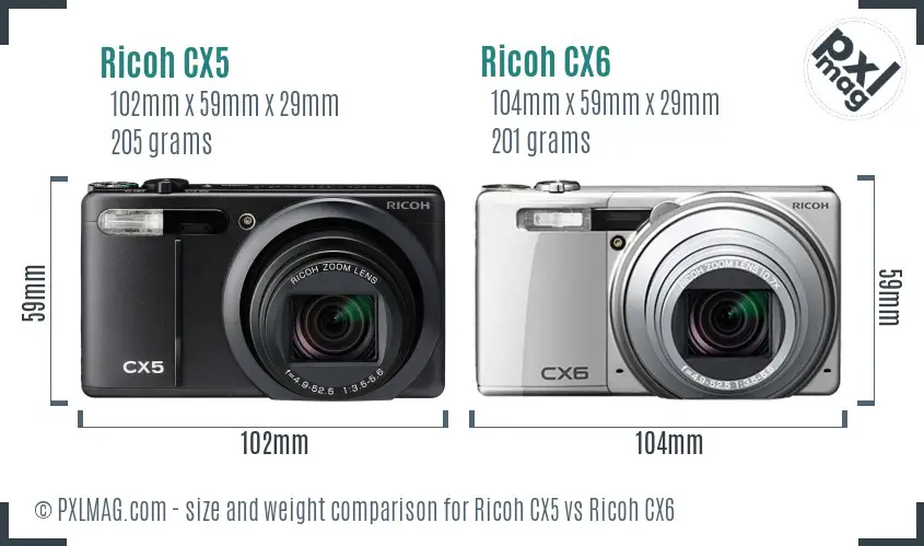 Ricoh CX5 vs Ricoh CX6 size comparison