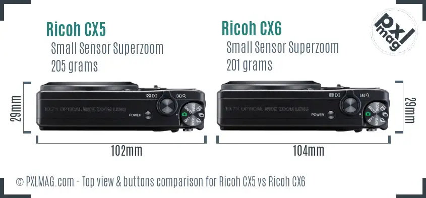 Ricoh CX5 vs Ricoh CX6 top view buttons comparison