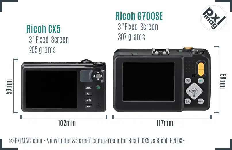 Ricoh CX5 vs Ricoh G700SE Screen and Viewfinder comparison